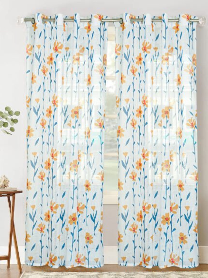 Digital Printed Linen Textured Sheer Curtains for Living Room, Bedroom , Curtains for Window/Door Curtains- Yellow Sunshine