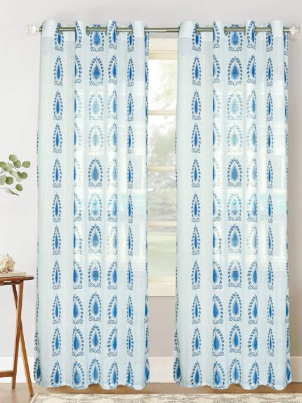 Digital Printed Linen Textured Sheer Curtains for Living Room, Bedroom , Curtains for Window/Door Curtains- Blue Motifs