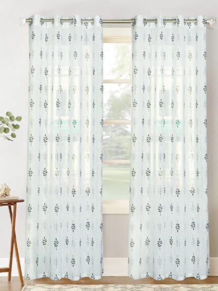 Digital Printed Linen Textured Sheer Curtains for Living Room, Bedroom , Curtains for Window/Door Curtains- Black Foliate