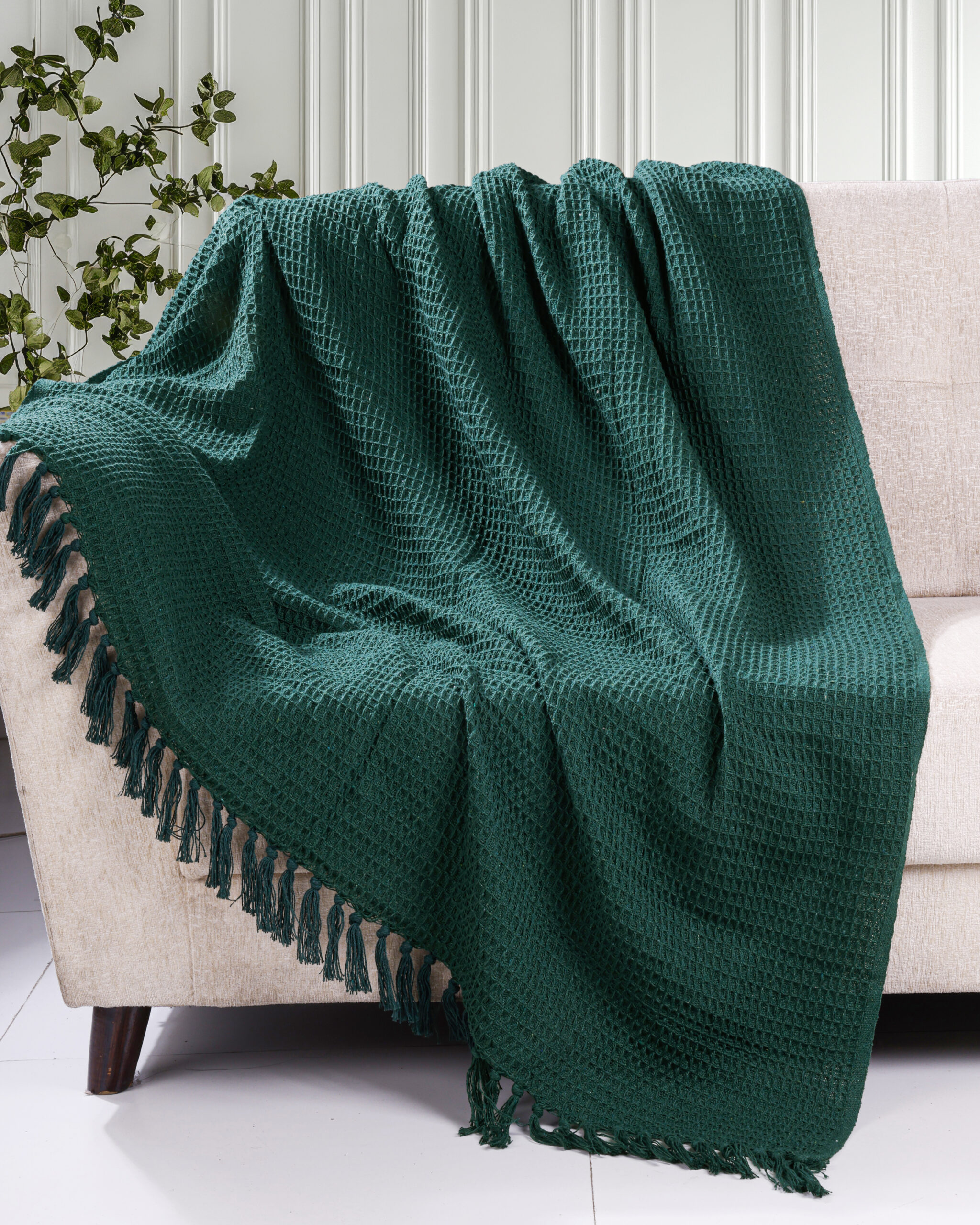 Bottle Green Waffle Weave Cotton Throw Blanket – Lightweight, Breathable & Cozy for Sofa or Bed (100% Cotton)(50x60 INCHES)