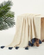 Cotton Off White NavyBlue Throw Blanket - Image 2