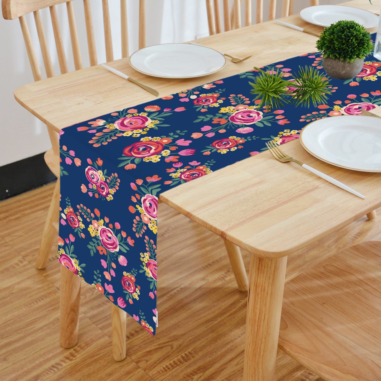 Digital Printed Blue Flower Design Table Runner